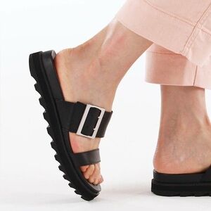 Sorel Roaming Slide Sandals Black Leather Buckle Platform Size 9